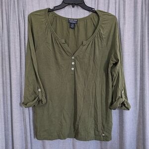 Polo Jeans Company Ralph Lauren Top Womens L Olive Green Popover Roll Tab Sleeve